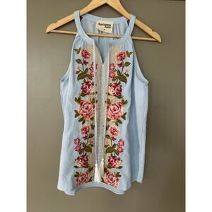 Savanna Jane peasant seersucker Embroidered Floral Boho Tank Top Stripe Tassel